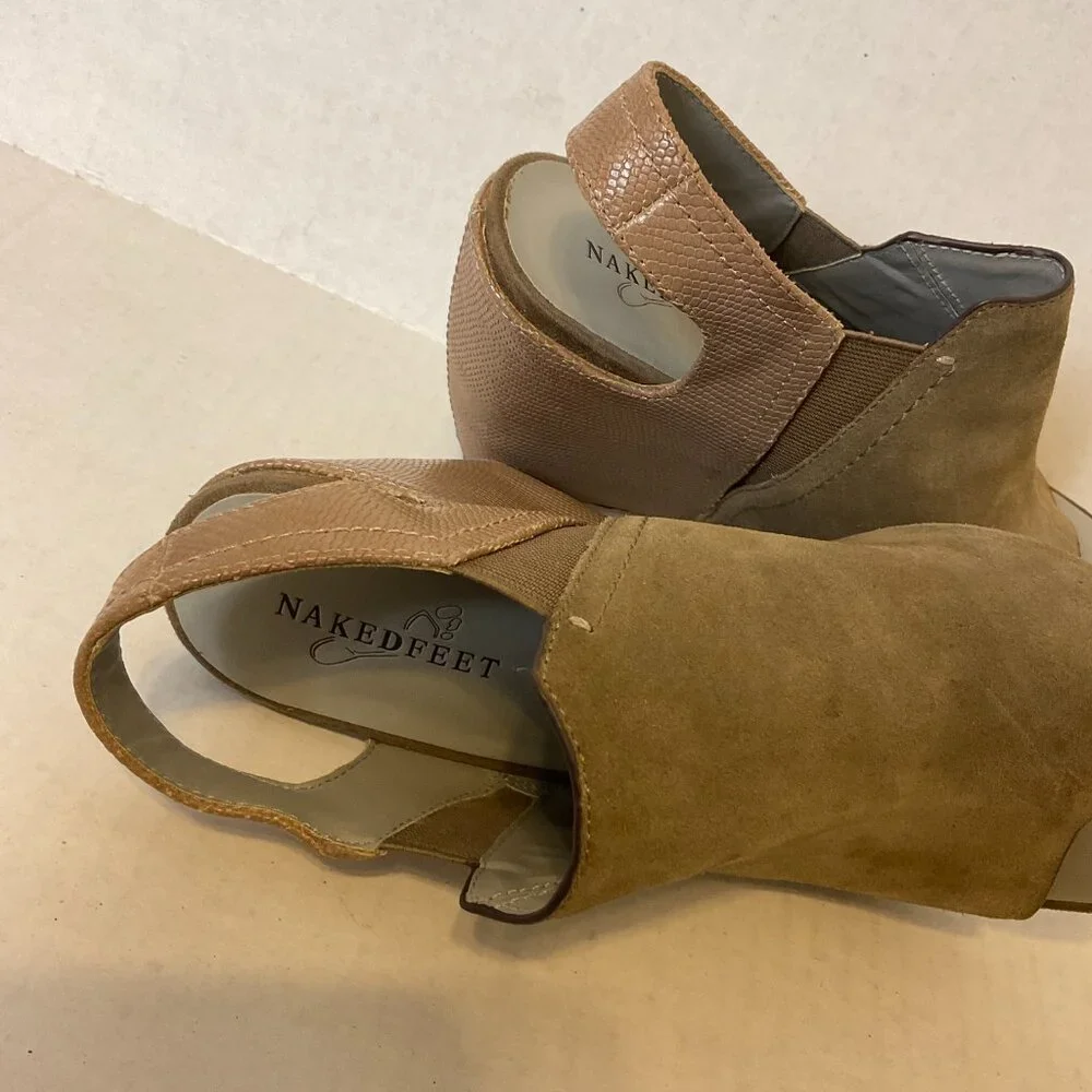 Naked Feet Platform Shoes 9M Beige Taupe Slingback Peep Toe Leather Suede
